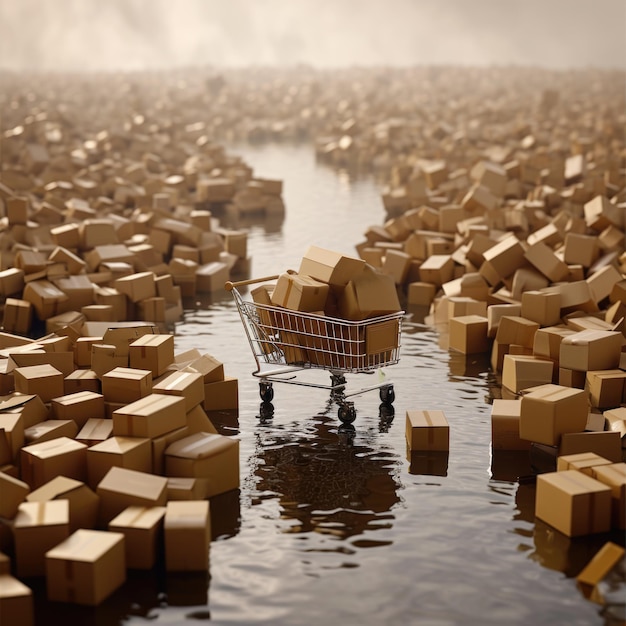 写真 surreal representation of consumerism a tipped shopping cart surrounded by endless cardboard packages fading into the unknown