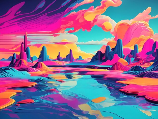 Surreal retro futurism abstract landscape with water in colorful neon palette background