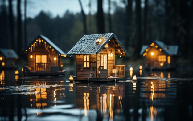 매혹적 인 호수 의 평온 한 표면 에 부드럽게 떠다니는 작은 집 들 의 군집 의 초현실적 인 장면