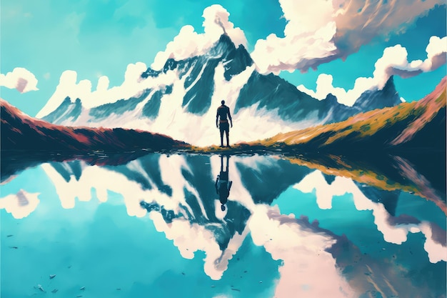 The surreal scene displays a man strolling on clouds gazing at inverted mountains in an otherworldly environment Fantasy concept Illustration painting Generative AI