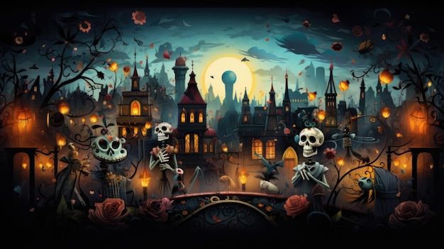 a surreal scene featuring a Day of the Dead parade with dancing skeletons and musicians