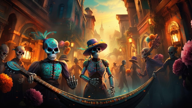 a surreal scene featuring a Day of the Dead parade with dancing skeletons and musicians