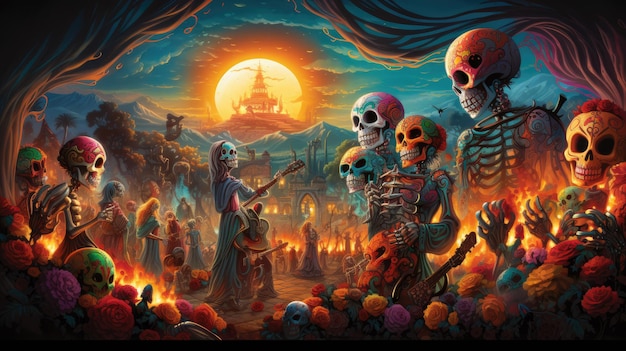 a surreal scene featuring a Day of the Dead parade with dancing skeletons and musicians