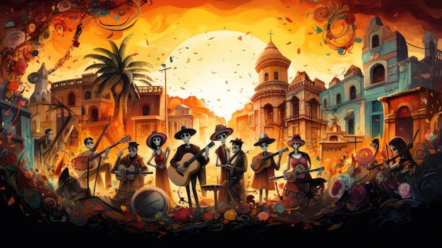 A surreal scene featuring a day of the dead parade with dancing skeletons and musicians