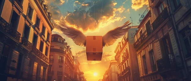 Photo surreal scene of a flying box with wings soaring through a city street at sunset