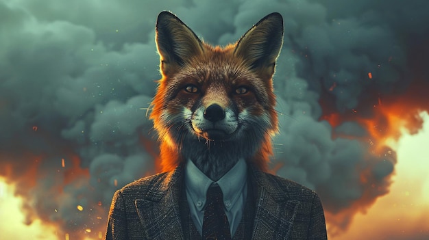 Surreal scene of a fox in a suit striking a deal under a twilight sky