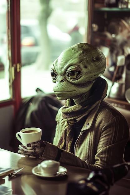 A surreal scene a greenskinned extraterrestrial casually sips coffee at a bustling cafe blending sea