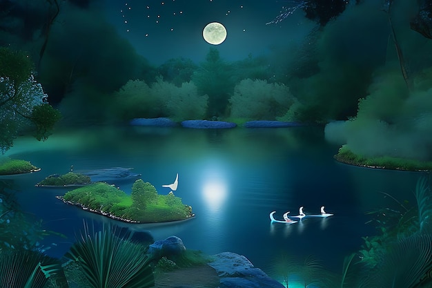 Surreal scene of a moonlit lagoon nestled within a forested valley