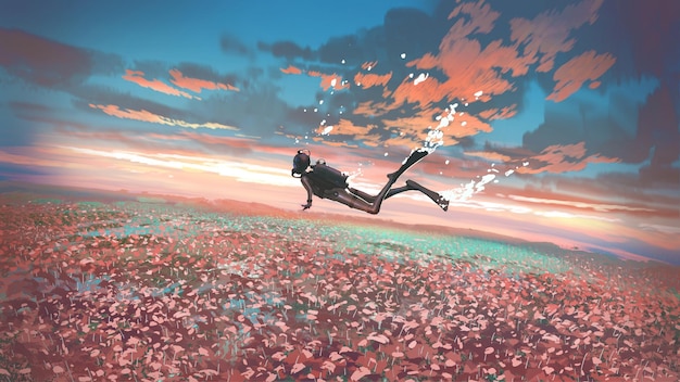 写真 夕暮れのデジタルアートスタイルのイラスト絵画xaで花畑の上空に浮かぶダイバーのシュールなシーン