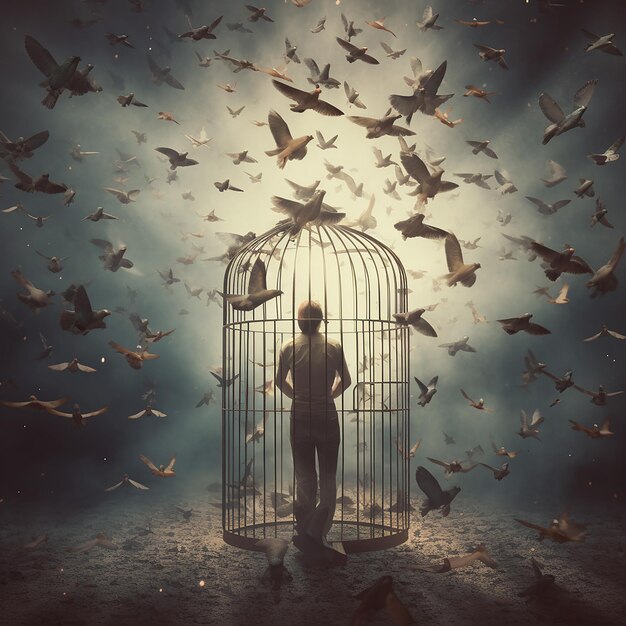 Фото Сюрреалистичная сцена человека с птичьей клеткой вместо головы