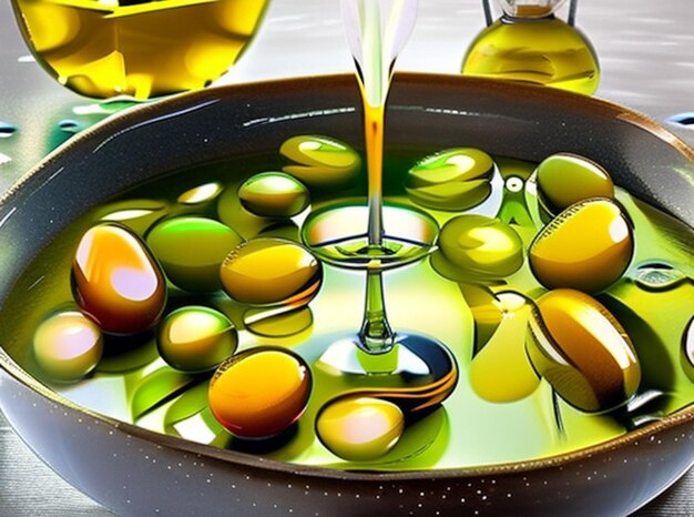 A surreal scene of olives and olive oil floating in a starry night sky