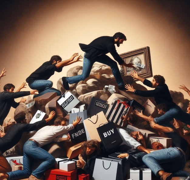 Foto scena surreale di persone e oggetti nel caos per aggrapparsi alle offerte del black friday al lancio click day
