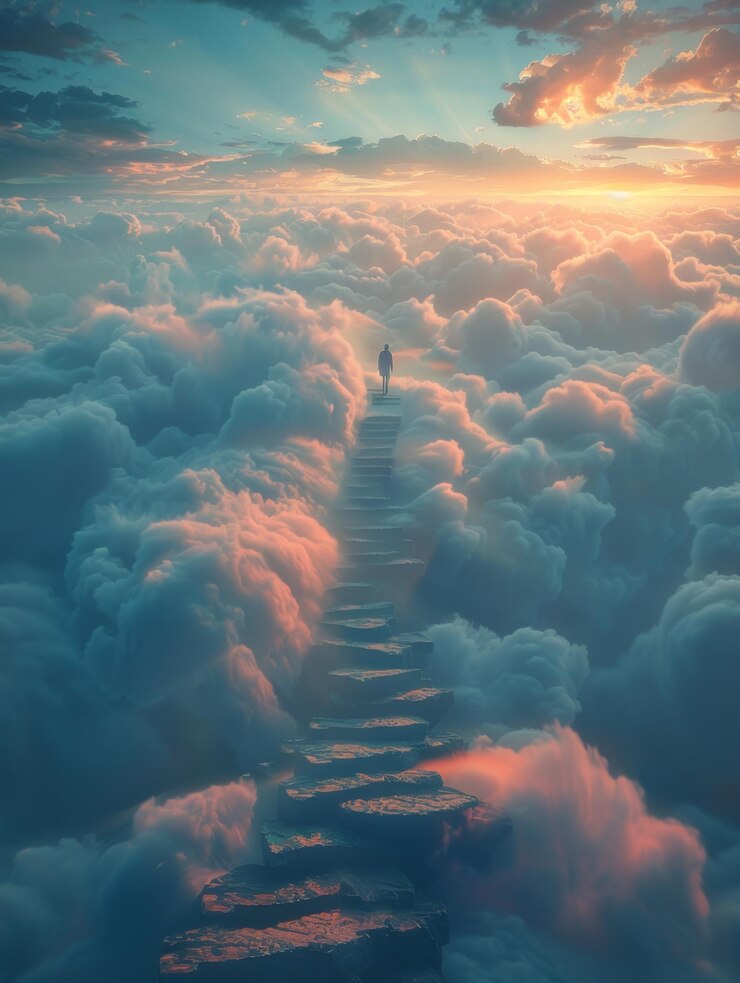 Surreal Scene of Person Climbing Floating Staircase in Clouds