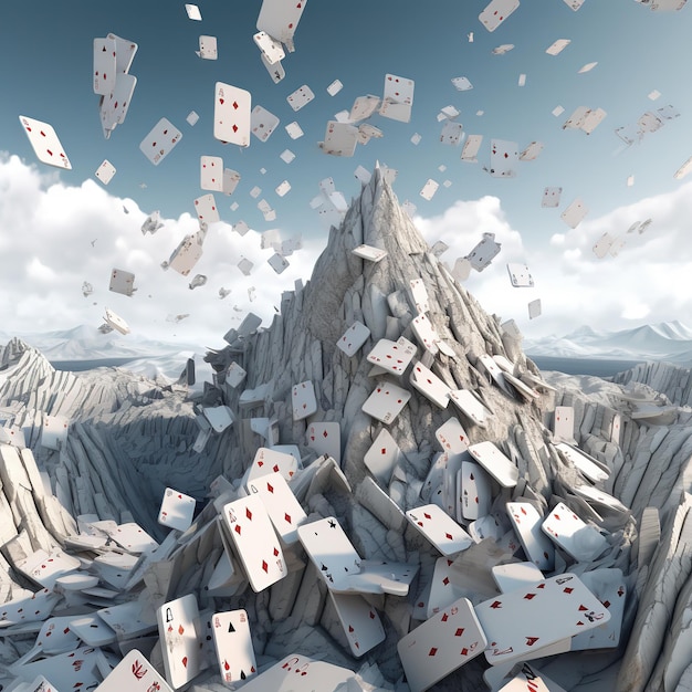 A surreal scene with a pile of playing cards and the words playing cards are falling.