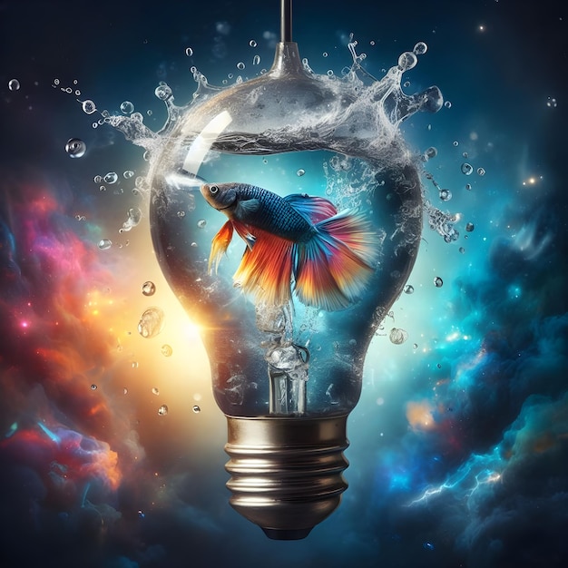 Photo a surreal scene with a siamese fighting fish inside an illuminated light bulb