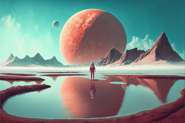 A surreal science fiction idea featuring a crimson spaceman trekking on the terrain of a celestial body Fantasy concept Illustration painting Generative AI