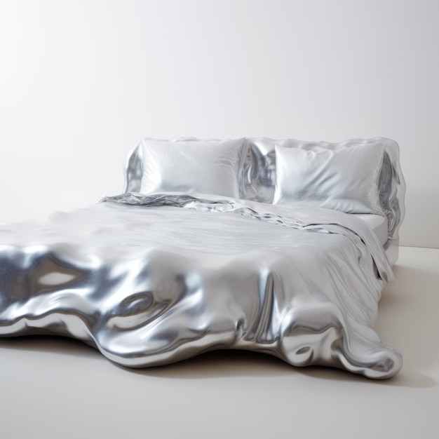 Photo surreal silver bed covers in freeflowing 3d rendering