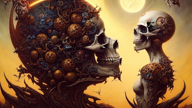 Сюрреалистический скелет черепа фэнтези страшный портрет черепа на светящемся фоне 3d иллюстрация