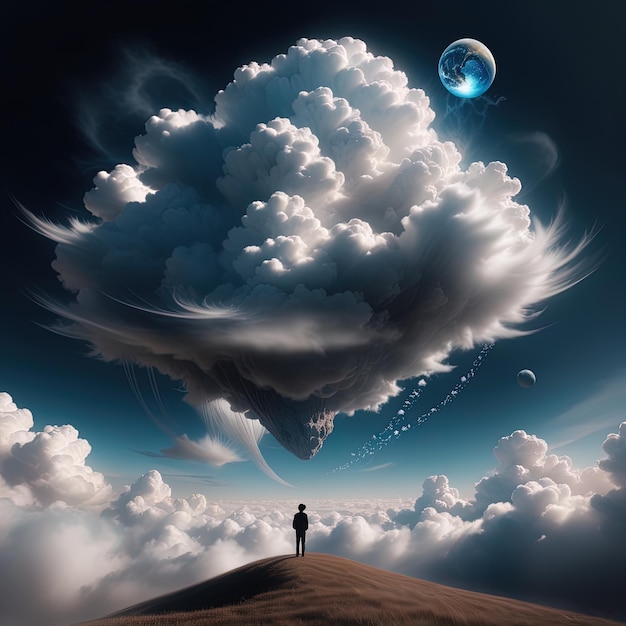 surreal sky with cloudsa man in the sky with a clouds