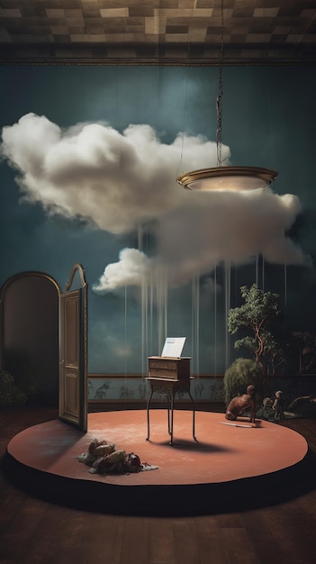 A Surreal Studio Scene with a Floating Podium