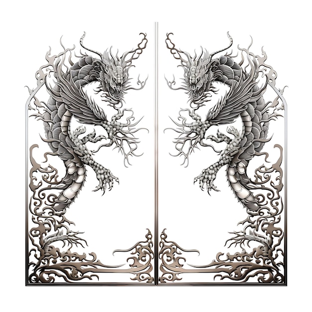 Photo surreal style of double door gate with phoenix and dragon design consists of creative idea design