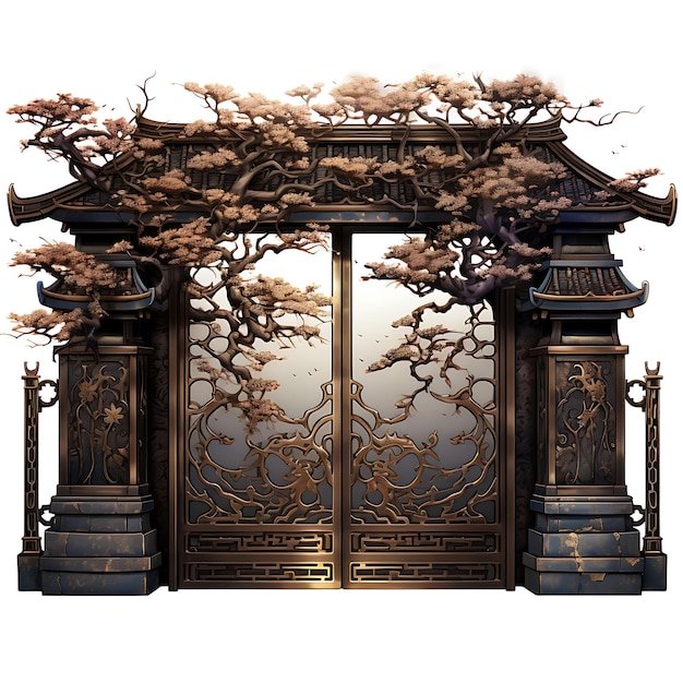 사진 대나무 와 <unk>꽃 디자인 을 가진 초현실적 인 스타일 의 마당 문 은 창의적 인 아이디어 디자인 으로 구성 되어 있다