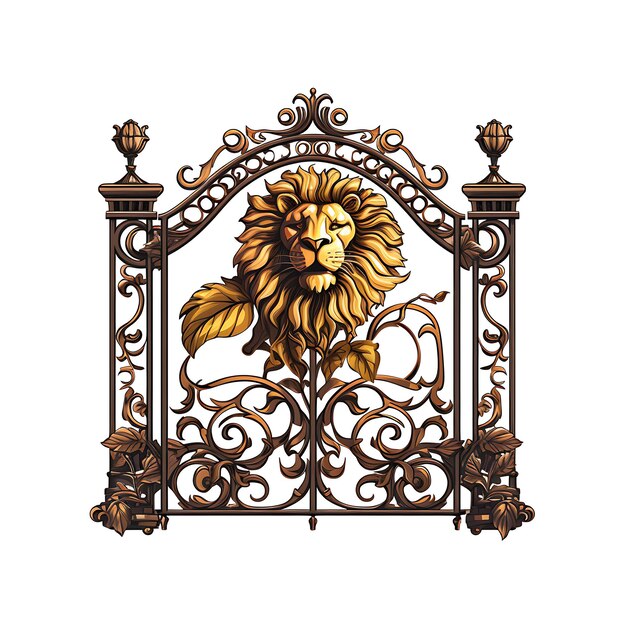 Photo surreal style of pivot gate with lion and sunflower design consists of a sing creative idea design