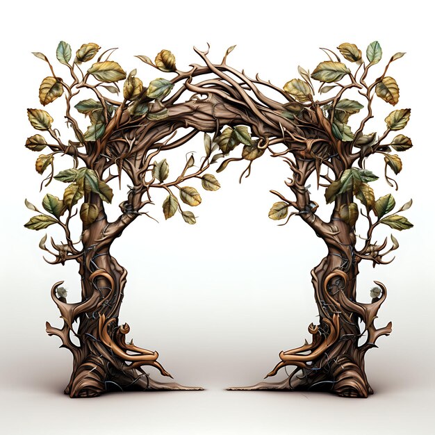 Photo surreal style of pivot gate with organic leaf and branch design made of bronz creative idea design