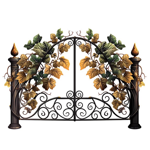 Photo surreal style of swing gate with vine and leaf design consisting of a double creative idea design