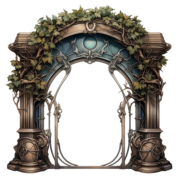 Photo surreal style of turret gate with leaf and acorn design consists of a circula creative idea design