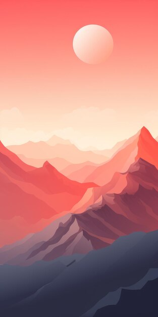 Surreal sunset landscape detailed mountains in red and cyan