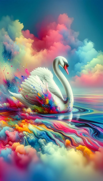 Foto il cigno surreale in un paesaggio da sogno colorato