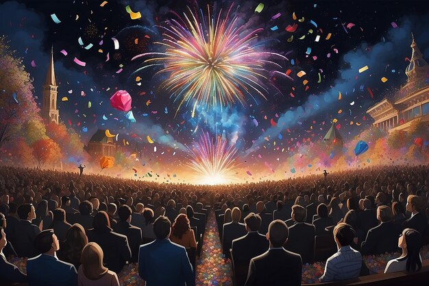 Surreal Symphony Illustrate a surreal symphony of confetti and fireworks playing in harmony