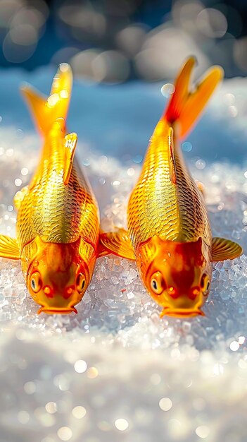 Surreal there are two golden fish made of foil on the sparkling white water beautiful curves