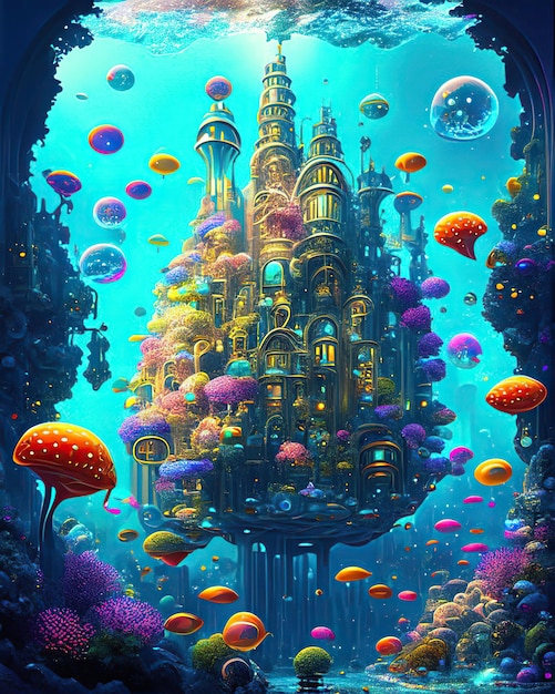 Surreal Underwater City Underwater Fishes Corals Aquatic Bubbles