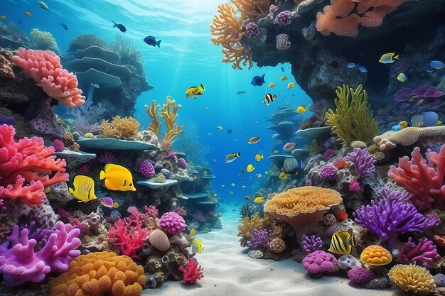 Surreal underwater coral reef world with color corals and jellys