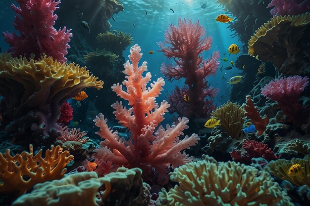 Surreal underwater coral reef world with color corals and jellys