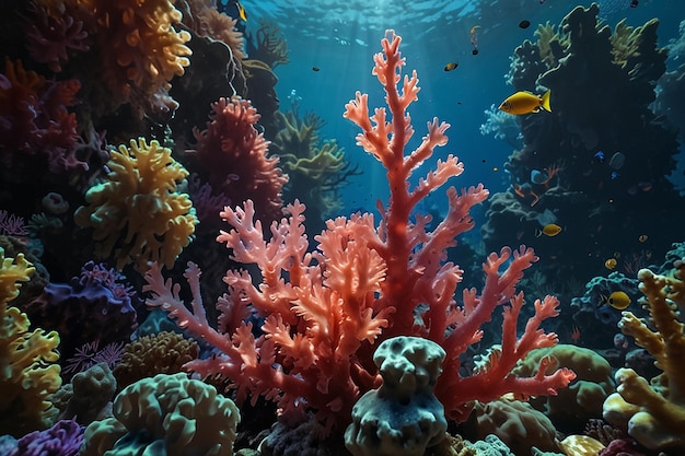 다채로운 산호 와 젤리 가 있는 초현실적 인 수중 산호초 세계