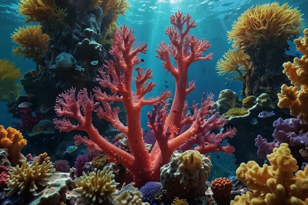 Surreal underwater coral reef world with color corals and jellys