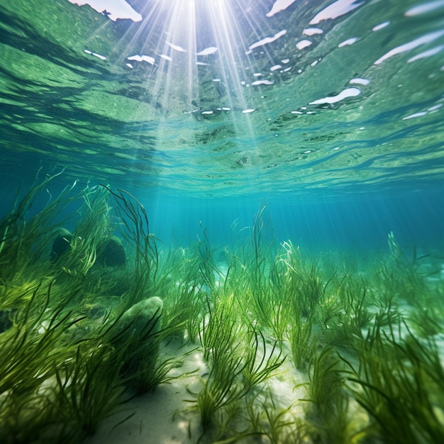 Photo surreal underwater landscape with vibrant seagrass meadow