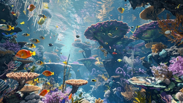 A surreal underwater scene with floating coral reefs and exotic fish AI generated illustration