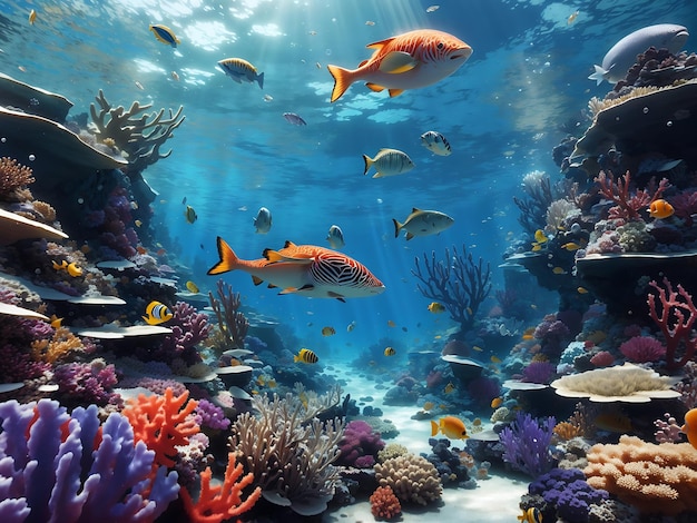 A surreal underwater world with vibrant coral reefs and exotic marine creatures