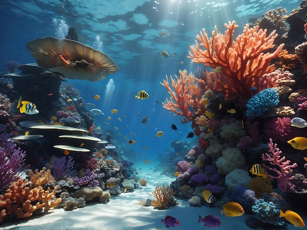 Сюрреалистический подводный мир с яркими коралловыми рифами и экзотическими морскими существами.