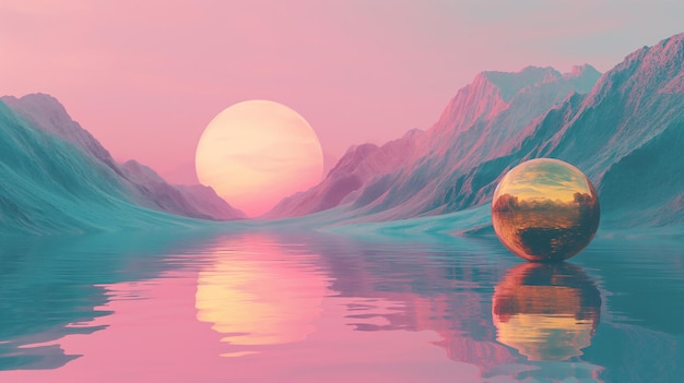 Surreal vaporwave scene with golden ball on the landscape with mountains and sea 90s styled abstract surreal pink composition