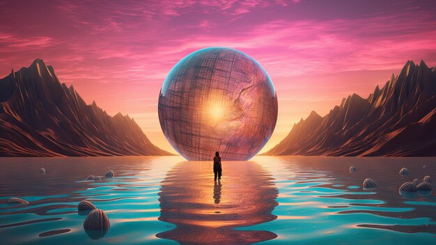 Surreal vaporwave scene with golden ball on the landscape with mountains and sea 90s styled abstract surreal pink composition