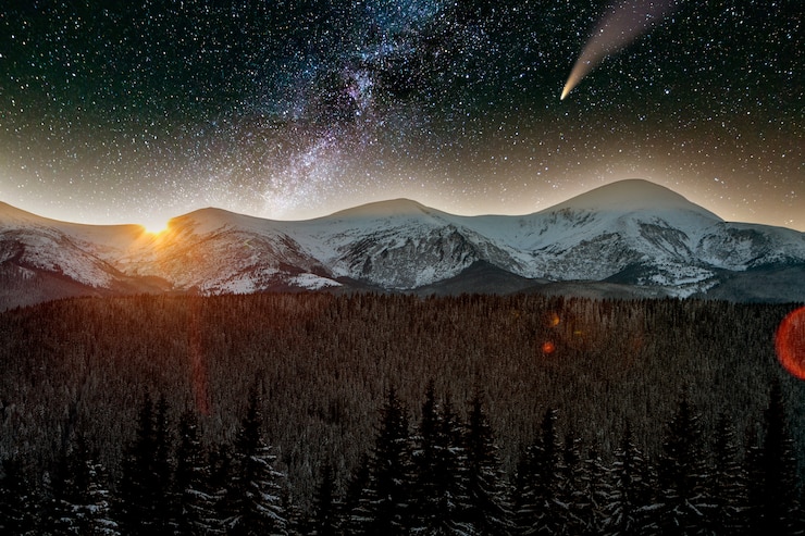 星空の濃い青の曇り空と明るい尾を持つC / 2020 F3（NEOWISE）彗星のある山々の夜のシュールなビュー。