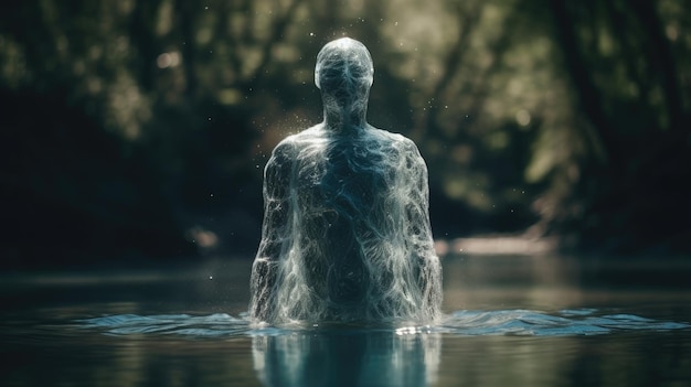 사진 원활한 전환으로 강에서 나오는 초현실적인 물 인간