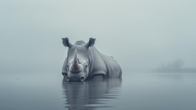 Surreal White Rhino In Water Minimalistic Portraits With Japanese Minimalism