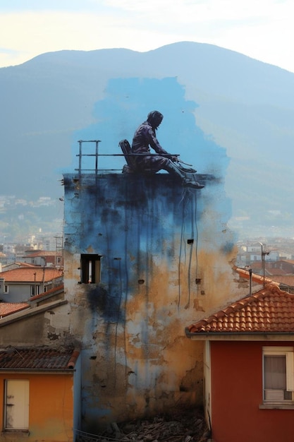 Photo surreal woman with giant brush draws a sky on a city wall