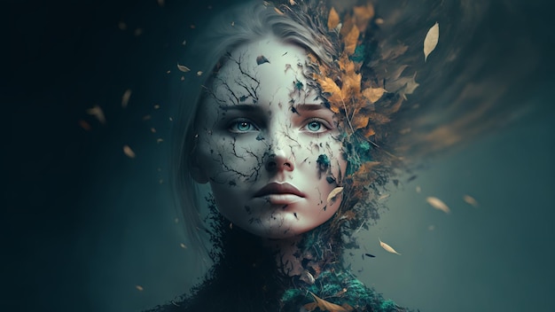 Surreal woman with natural elements over her face